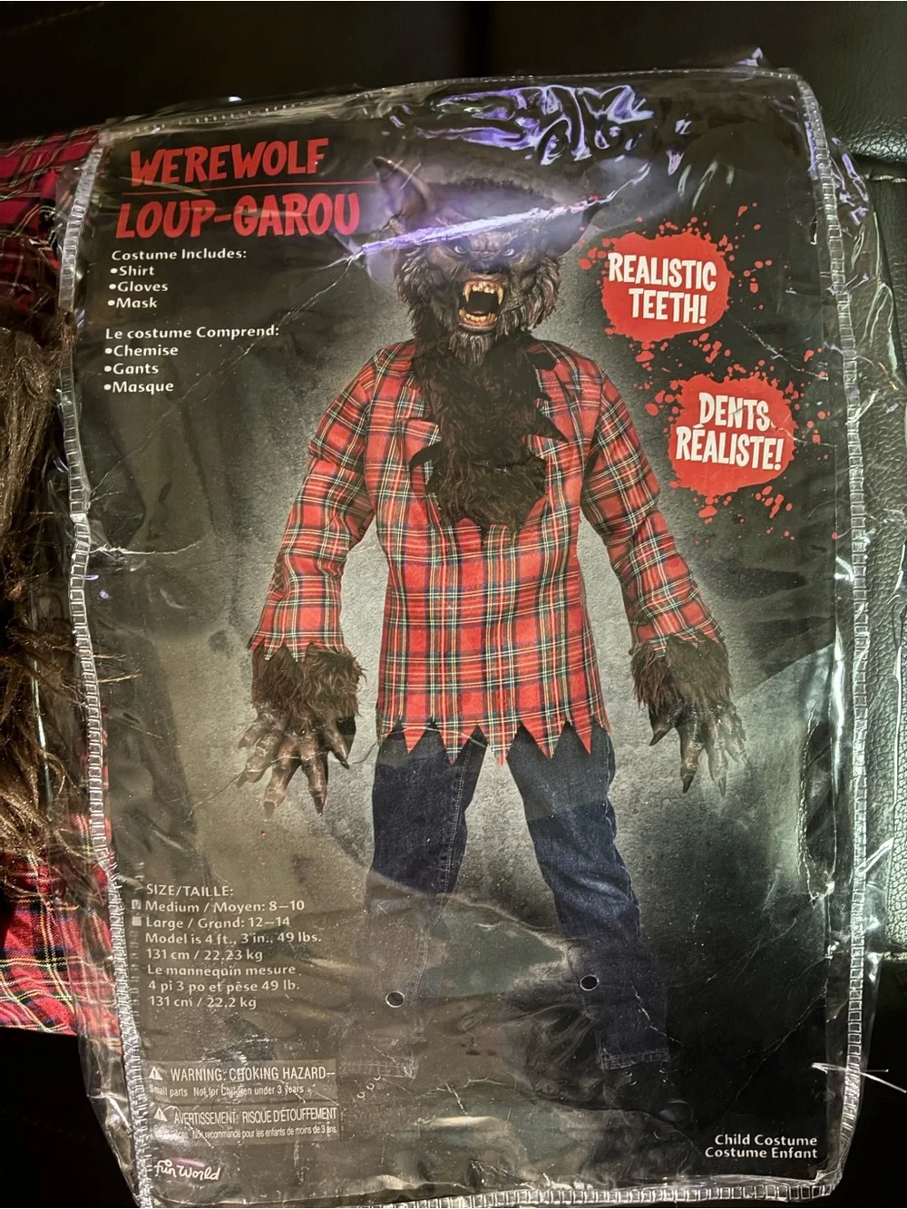 Werewolf Kids Costume - Brown Fur with Red Plaid Shirt Medium Size (8-10)
